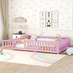 Lit au sol pleine grandeur avec barrières et porte, gris/naturel/rose/blanc, pour 1 enfant