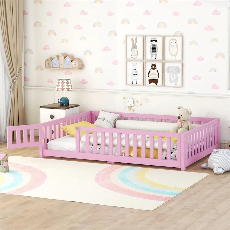 Lit au sol pleine grandeur avec barrières et porte, gris/naturel/rose/blanc, pour 1 enfant