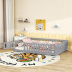 Lit au sol pleine grandeur avec barrières et porte, gris/naturel/rose/blanc, pour 1 enfant