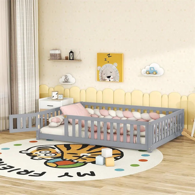 Lit au sol pleine grandeur avec barrières et porte, gris/naturel/rose/blanc, pour 1 enfant