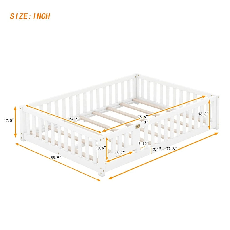 Lit au sol pleine grandeur avec barrières et porte, gris/naturel/rose/blanc, pour 1 enfant