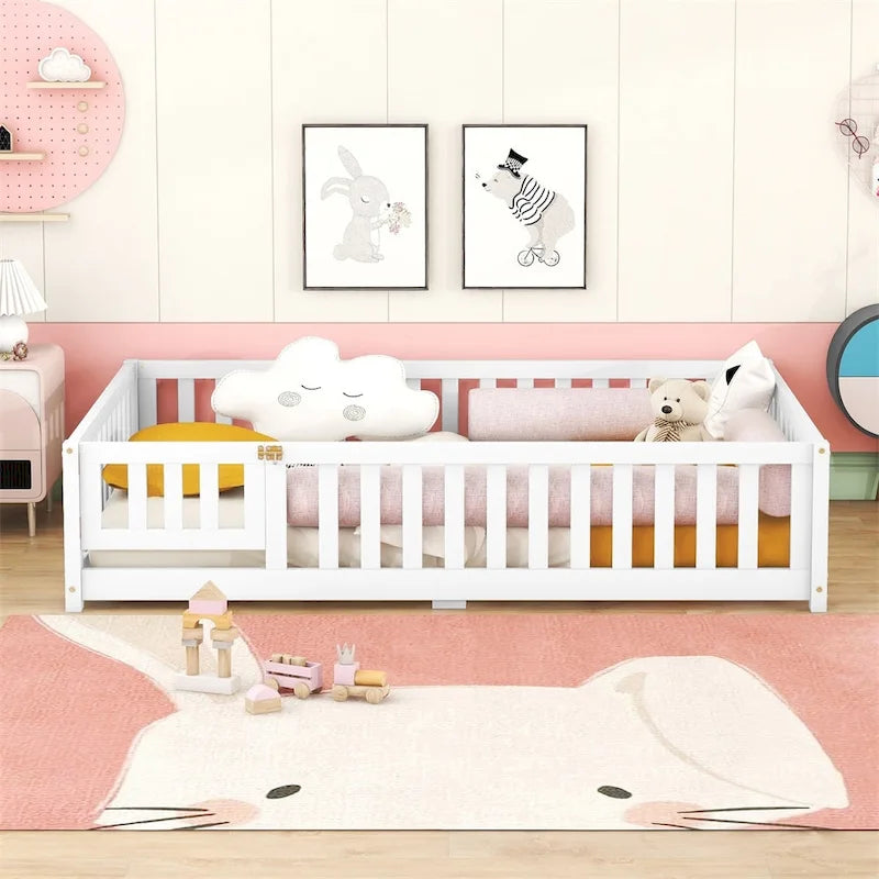 Lit au sol pleine grandeur avec barrières et porte, gris/naturel/rose/blanc, pour 1 enfant
