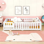 Lit au sol pleine grandeur avec barrières et porte, gris/naturel/rose/blanc, pour 1 enfant