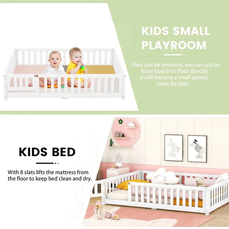 Lit au sol pleine grandeur avec barrières et porte, gris/naturel/rose/blanc, pour 1 enfant