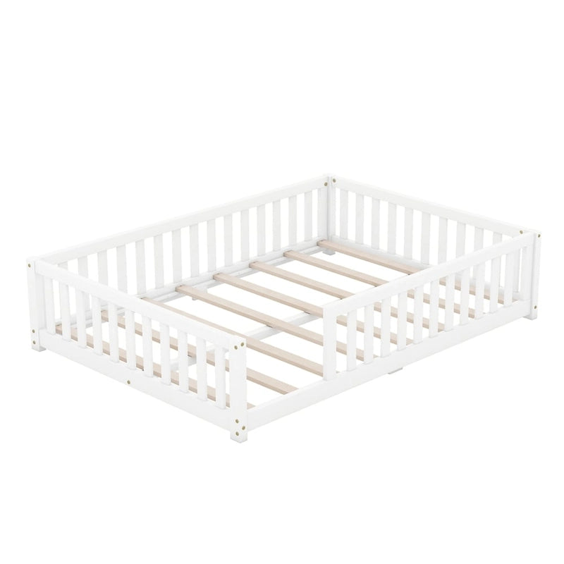 Lit au sol pleine grandeur avec barrières et porte, gris/naturel/rose/blanc, pour 1 enfant