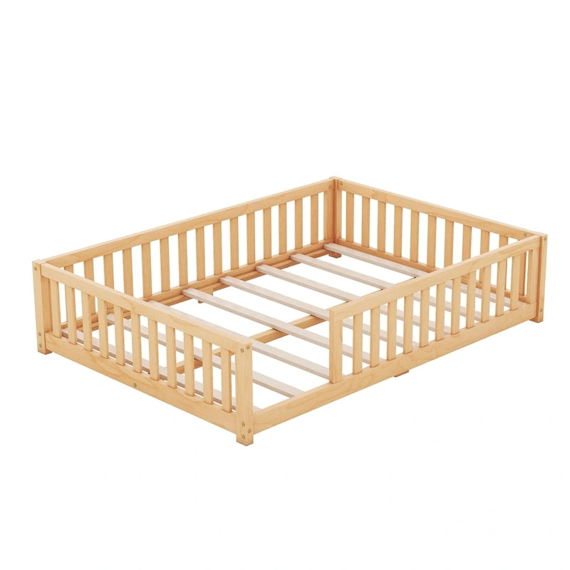 Lit au sol pleine grandeur avec barrières et porte, gris/naturel/rose/blanc, pour 1 enfant