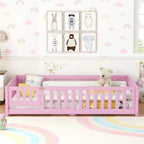 Lit au sol pleine grandeur avec barrières et porte, gris/naturel/rose/blanc, pour 1 enfant