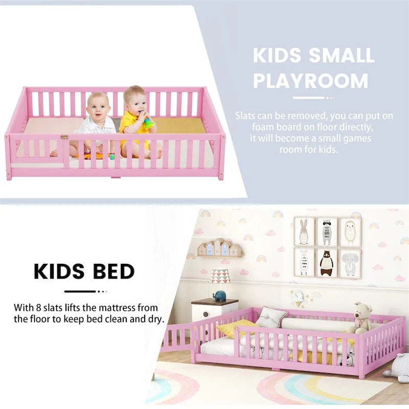 Lit au sol pleine grandeur avec barrières et porte, gris/naturel/rose/blanc, pour 1 enfant