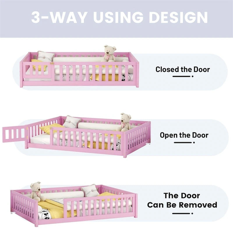 Lit au sol pleine grandeur avec barrières et porte, gris/naturel/rose/blanc, pour 1 enfant