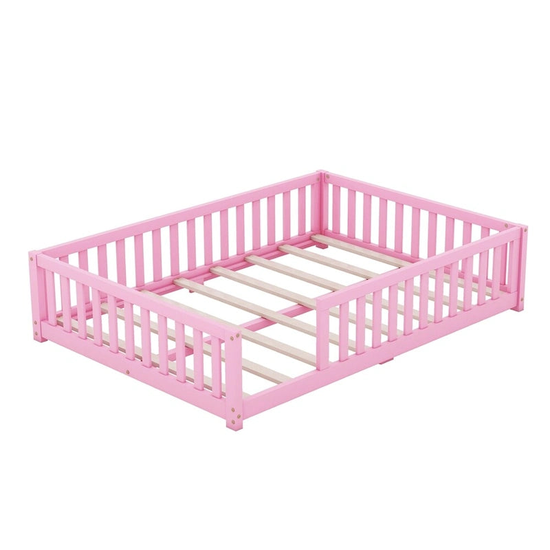 Lit au sol pleine grandeur avec barrières et porte, gris/naturel/rose/blanc, pour 1 enfant