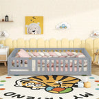 Lit au sol pleine grandeur avec barrières et porte, gris/naturel/rose/blanc, pour 1 enfant