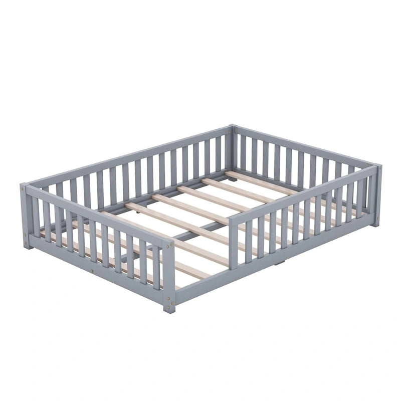 Lit au sol pleine grandeur avec barrières et porte, gris/naturel/rose/blanc, pour 1 enfant