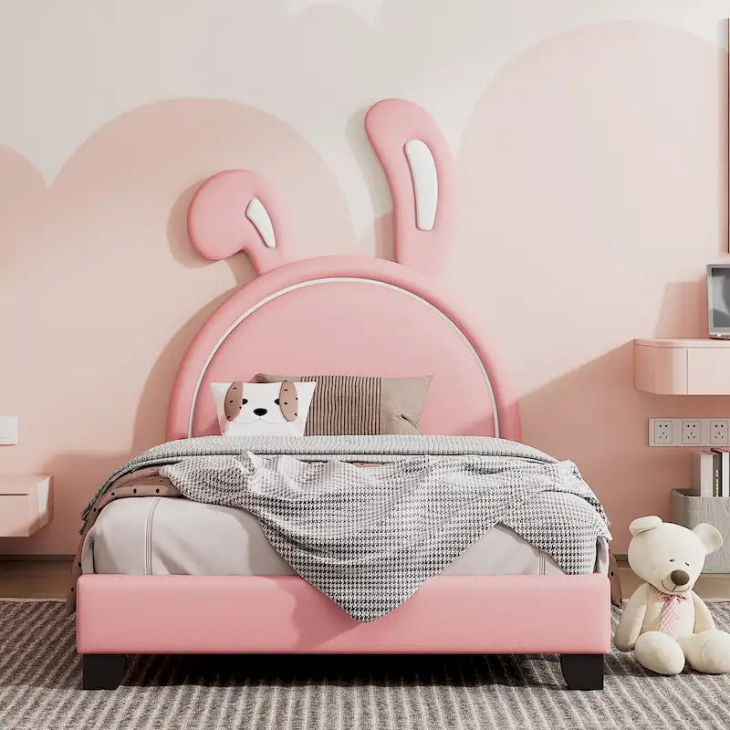 Lit double plateforme en cuir – gris / blanc / rose, pour 2