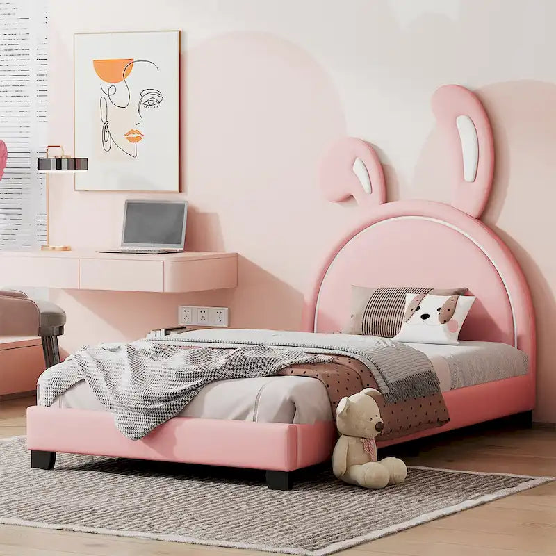 Lit double plateforme en cuir – gris / blanc / rose, pour 2