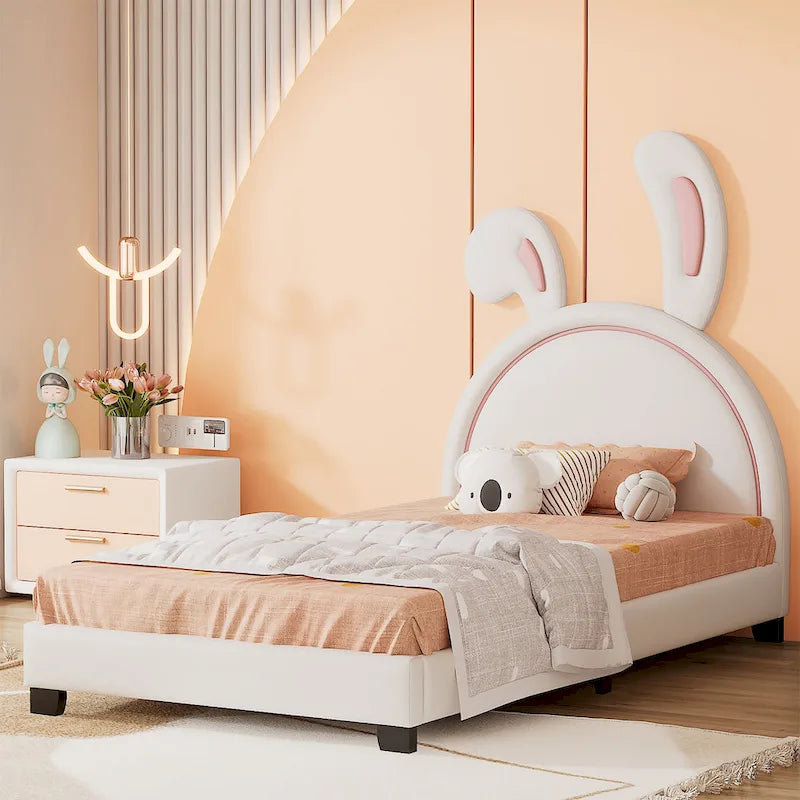 Lit double plateforme en cuir – gris / blanc / rose, pour 2