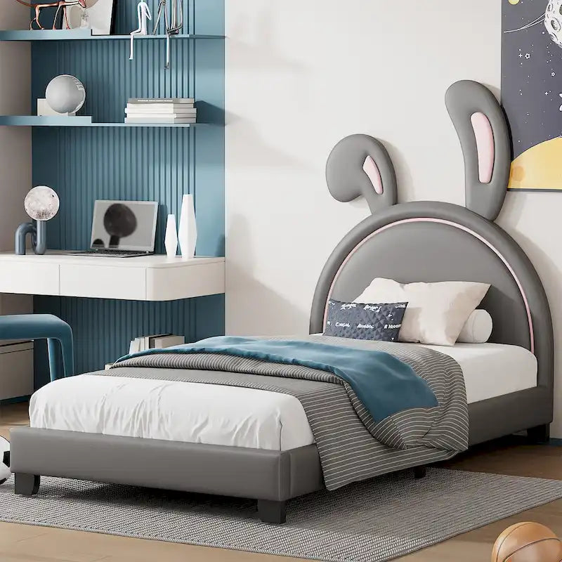 Lit double plateforme en cuir – gris / blanc / rose, pour 2