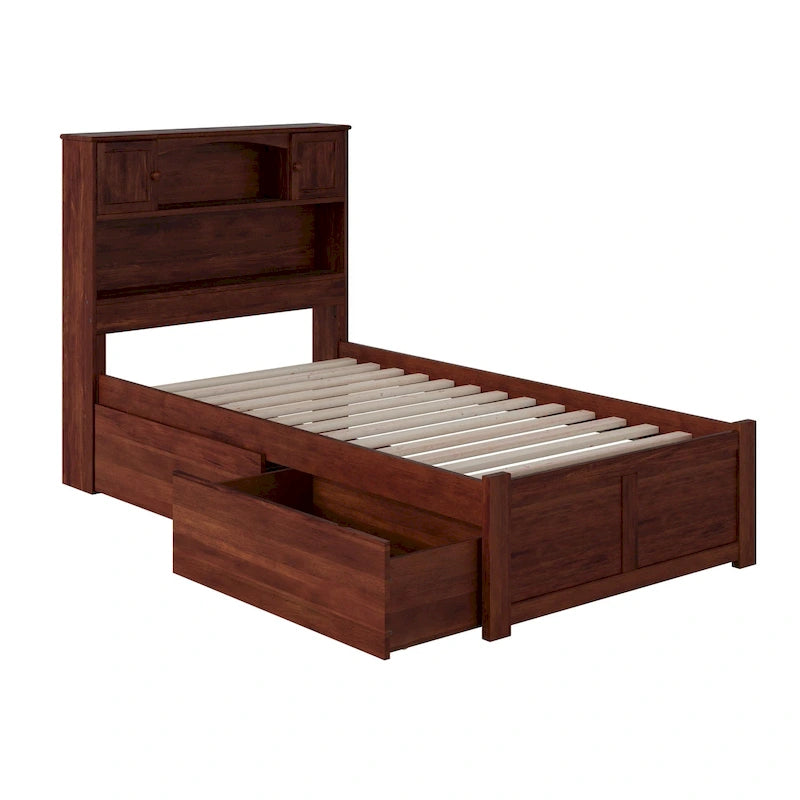 Lit plateforme Twin XL en noyer avec tête de lit de rangement et 2 tiroirs, simple