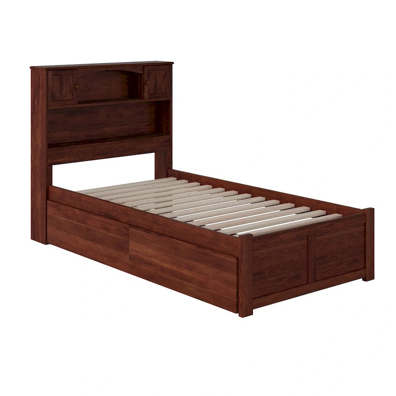 Lit plateforme Twin XL en noyer avec tête de lit de rangement et 2 tiroirs, simple