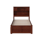 Lit plateforme Twin XL en noyer avec tête de lit de rangement et 2 tiroirs, simple