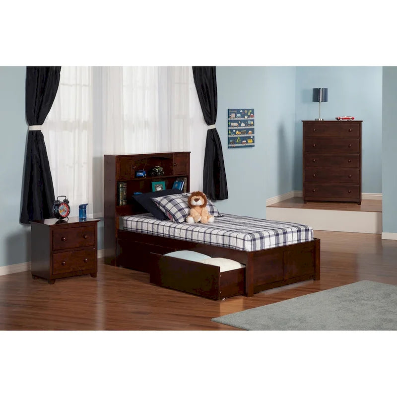 Lit plateforme Twin XL en noyer avec tête de lit de rangement et 2 tiroirs, simple