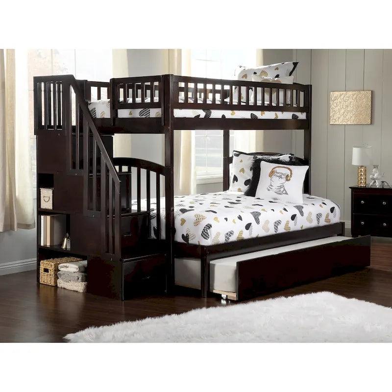Lit superposé avec escalier, grand lit inférieur et lit gigogne, capacité de 3 personnes, expresso
