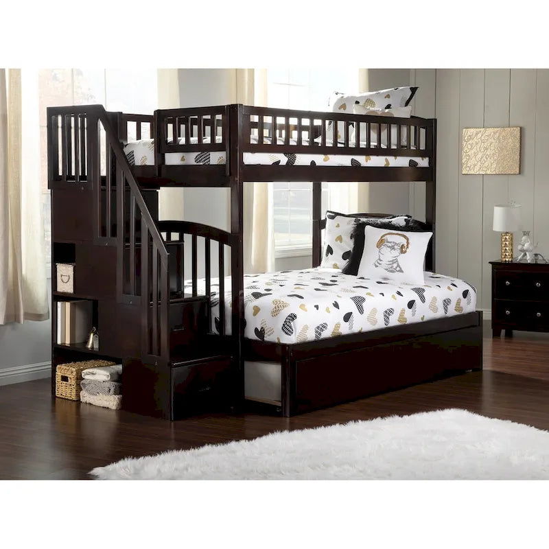 Lit superposé avec escalier, grand lit inférieur et lit gigogne, capacité de 3 personnes, expresso
