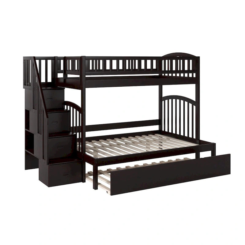 Lit superposé avec escalier, grand lit inférieur et lit gigogne, capacité de 3 personnes, expresso