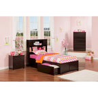 Lit plateforme double Espresso avec tête de lit bibliothèque, pied de lit et 2 tiroirs de rangement