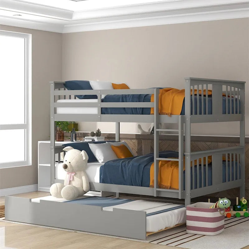 Lit superposé double sur double blanc/expresso/gris avec lit gigogne simple, 3 couchages
