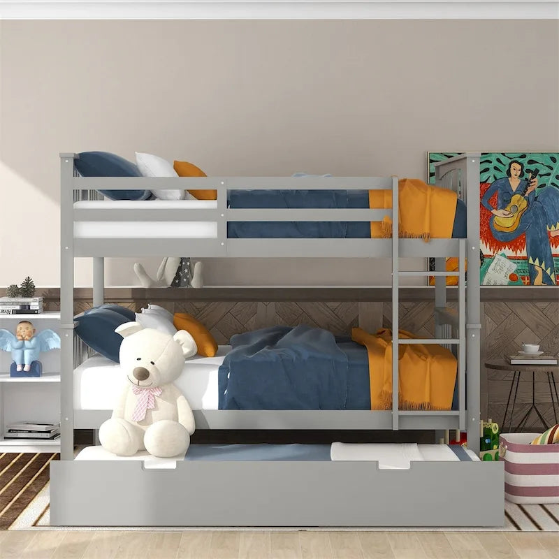 Lit superposé double sur double blanc/expresso/gris avec lit gigogne simple, 3 couchages