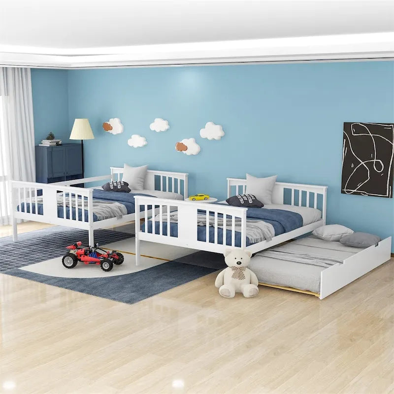 Lit superposé double sur double blanc/expresso/gris avec lit gigogne simple, 3 couchages
