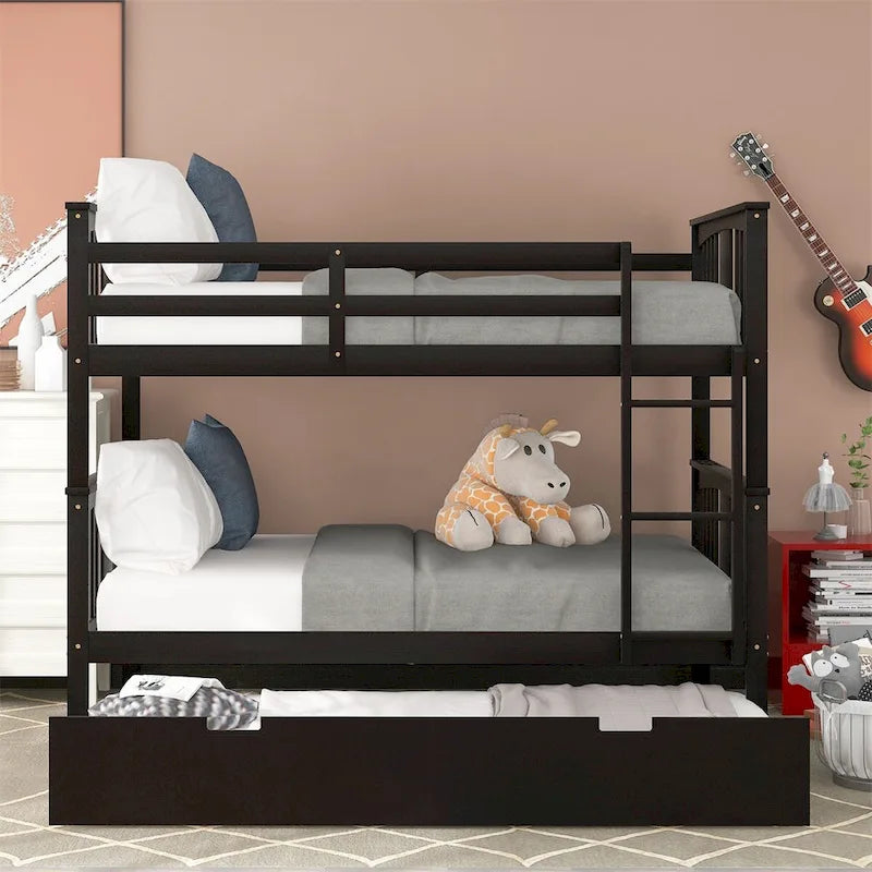 Lit superposé double sur double blanc/expresso/gris avec lit gigogne simple, 3 couchages