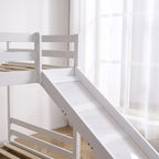 Lit superposé bas blanc avec toboggan et garde-corps, simple/simple, pin, 2 personnes