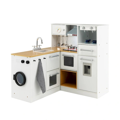 2-Pieces White-Natural Wooden Kitchen Playset with Pull-out Drawer and Cabinets - 31 x 11.5 x 32 (L x W x H)