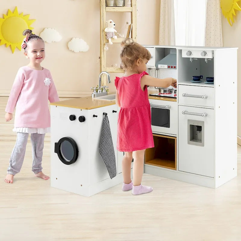 Ensemble de Cuisine et de Lave-Linge 2 pièces Blanc et Naturel pour Enfants, 3 ans et plus