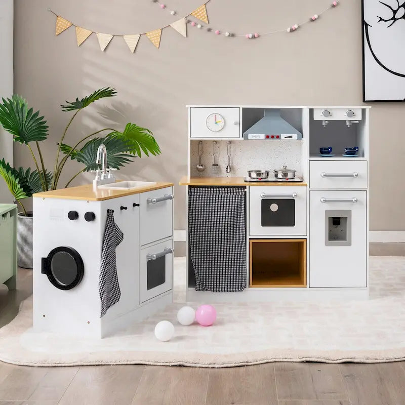 Ensemble de Cuisine et de Lave-Linge 2 pièces Blanc et Naturel pour Enfants, 3 ans et plus