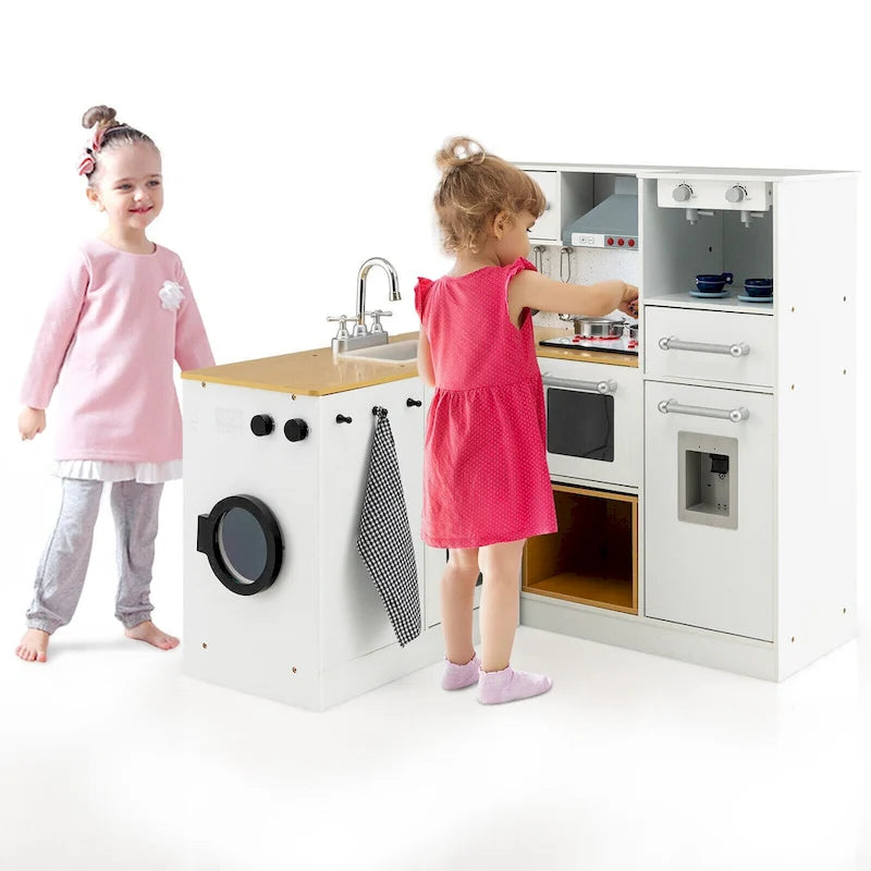 Ensemble de Cuisine et de Lave-Linge 2 pièces Blanc et Naturel pour Enfants, 3 ans et plus