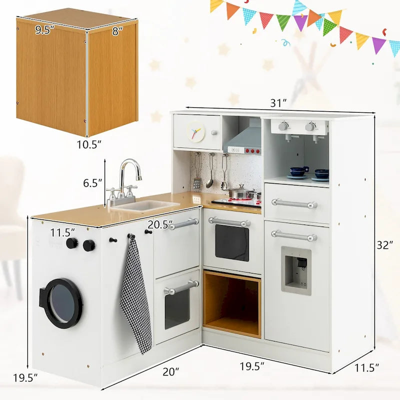 Ensemble de Cuisine et de Lave-Linge 2 pièces Blanc et Naturel pour Enfants, 3 ans et plus