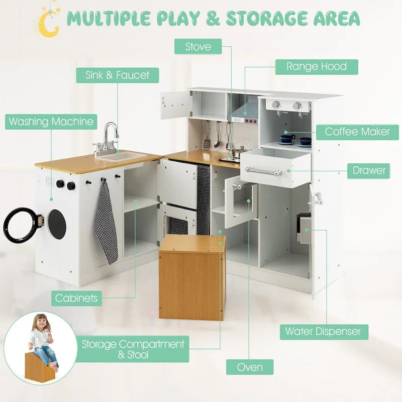 Ensemble de Cuisine et de Lave-Linge 2 pièces Blanc et Naturel pour Enfants, 3 ans et plus