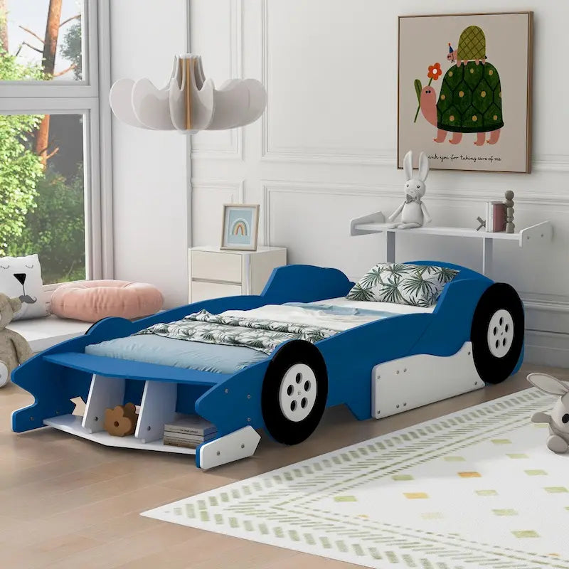 Lit plateforme en forme de voiture de course, taille twin, bleu/noir/rouge, 1 personne
