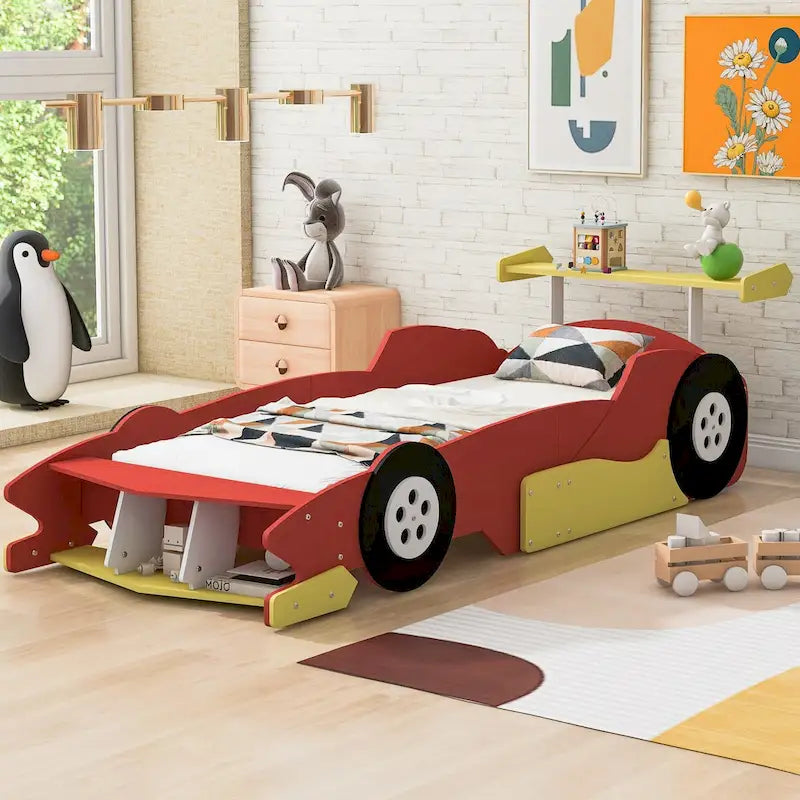 Lit plateforme en forme de voiture de course, taille twin, bleu/noir/rouge, 1 personne