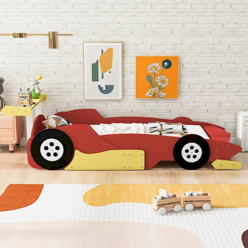 Lit plateforme en forme de voiture de course, taille twin, bleu/noir/rouge, 1 personne