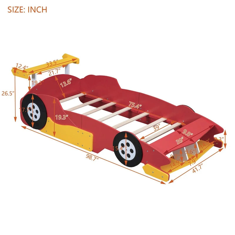 Lit plateforme en forme de voiture de course, taille twin, bleu/noir/rouge, 1 personne