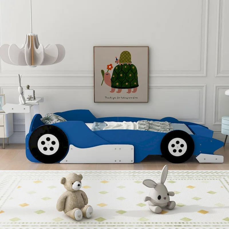 Lit plateforme en forme de voiture de course, taille twin, bleu/noir/rouge, 1 personne