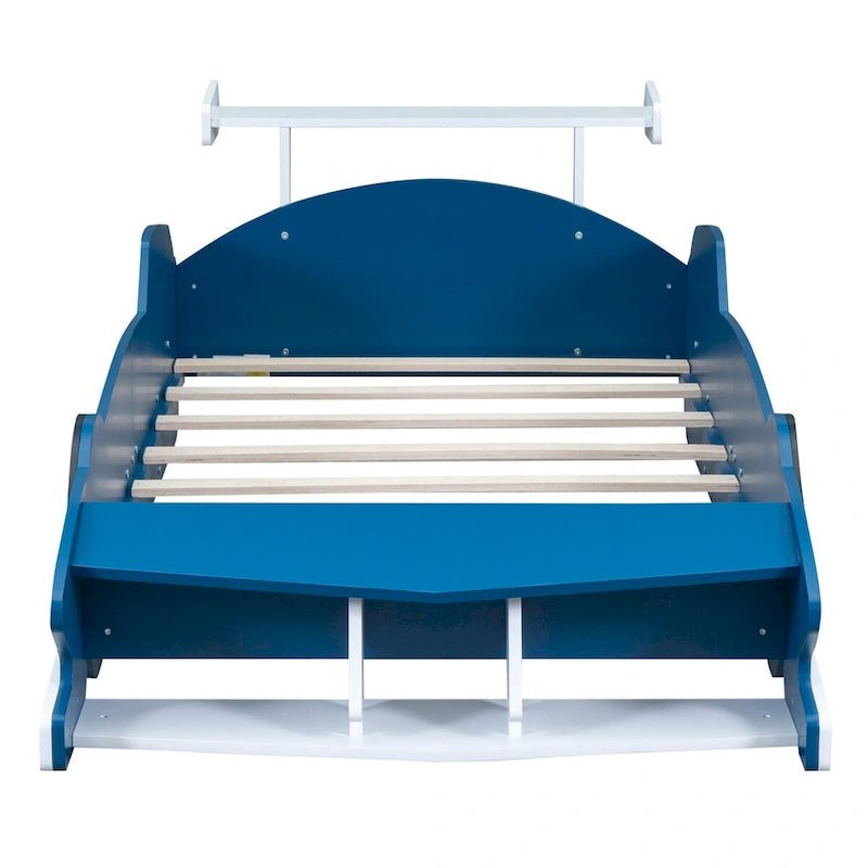 Lit plateforme en forme de voiture de course, taille twin, bleu/noir/rouge, 1 personne