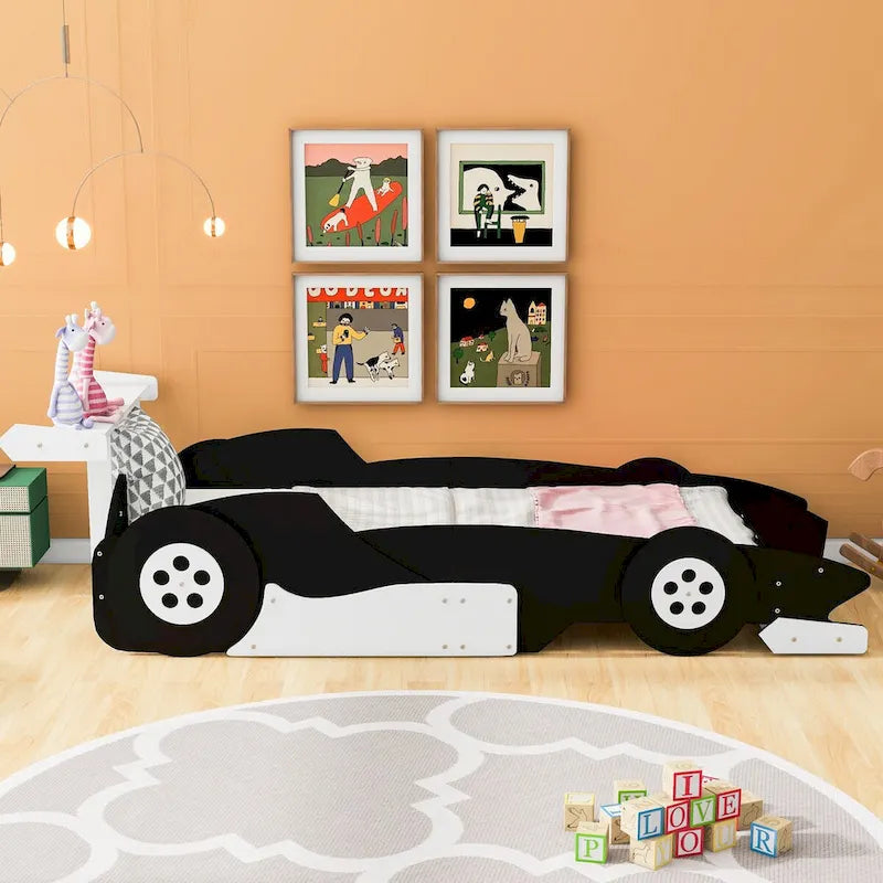 Lit plateforme en forme de voiture de course, taille twin, bleu/noir/rouge, 1 personne