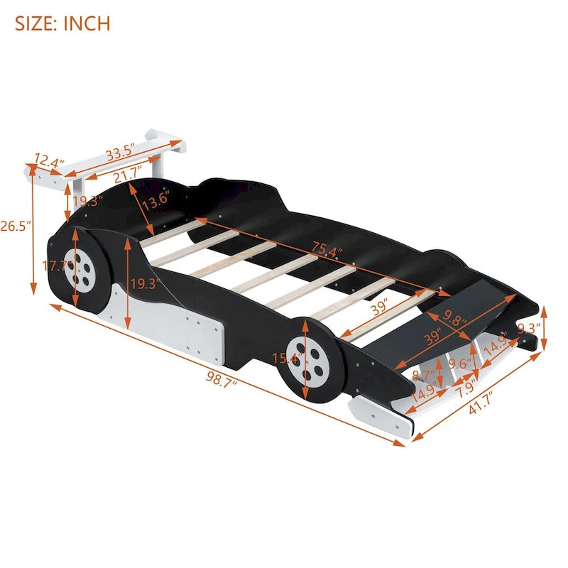 Lit plateforme en forme de voiture de course, taille twin, bleu/noir/rouge, 1 personne