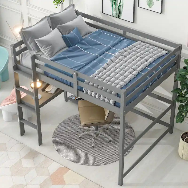 Lit mezzanine avec bureau, étagères et échelle, 1 personne - Blanc / Espresso / Gris