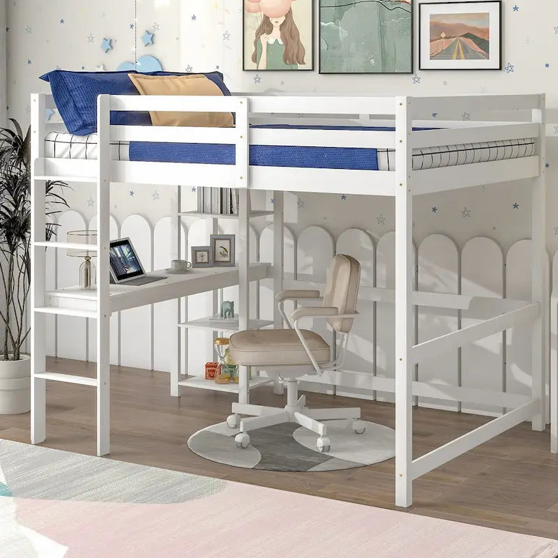 Lit mezzanine avec bureau, étagères et échelle, 1 personne - Blanc / Espresso / Gris