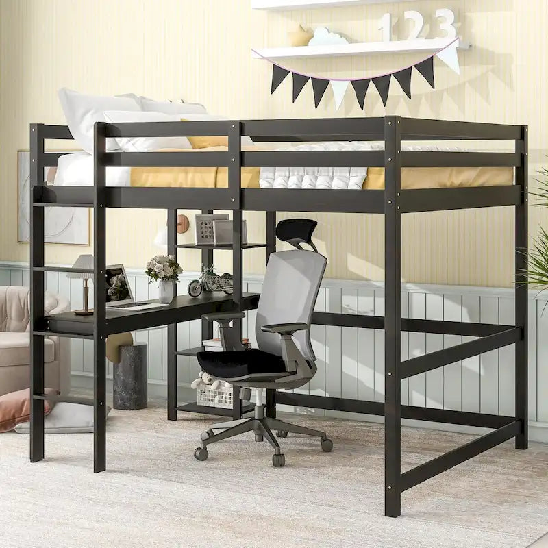 Lit mezzanine avec bureau, étagères et échelle, 1 personne - Blanc / Espresso / Gris